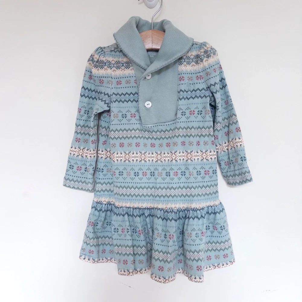 Ralph Lauren Fair Isle Dress Green Shawl Collar Ruffle Toddler Baby 18 Months